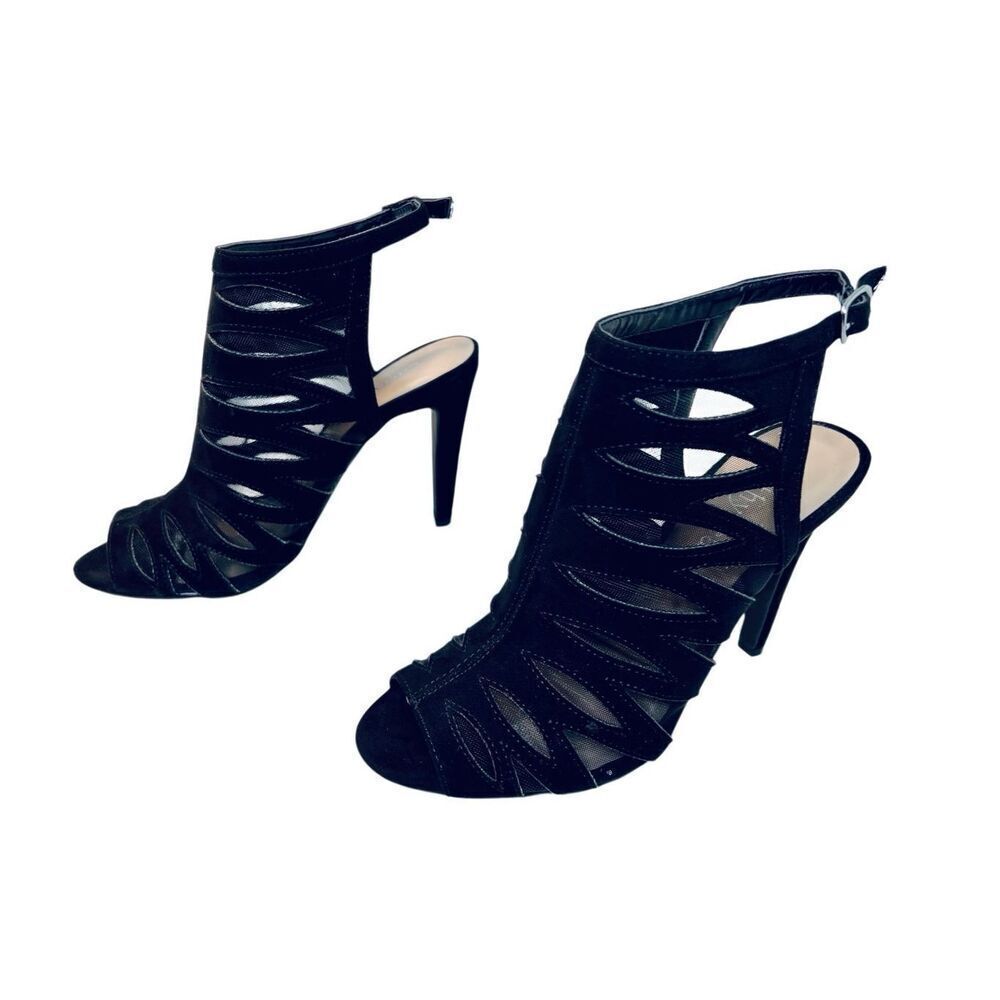 Cathy Jean Strappy Black Heel Stiletto Shoe Velvety See-through‎ Open Toe sz 6